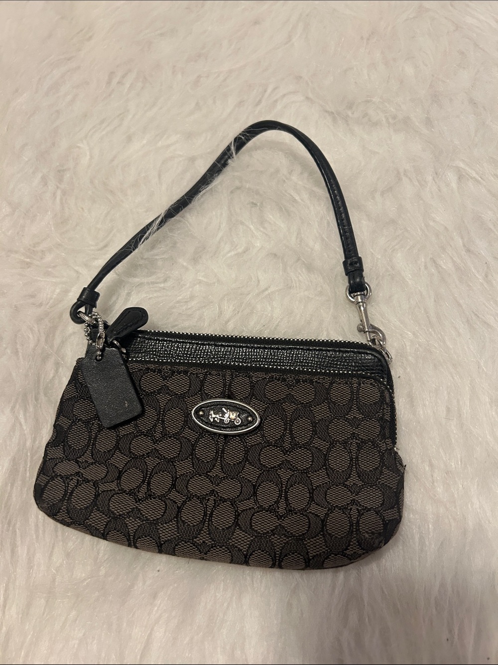 Coach Brown Signature Canvas Wristlet with Black Trim